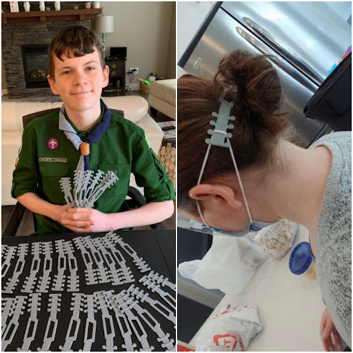 Left: Quinn Collander and his ear guard creation; Right: Quinn’s mother, Heather Roney wearing an ear guard