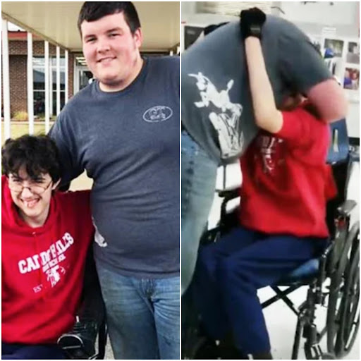Brandon Qualls hugs Tanner Wilson after receiving his new wheelchair 