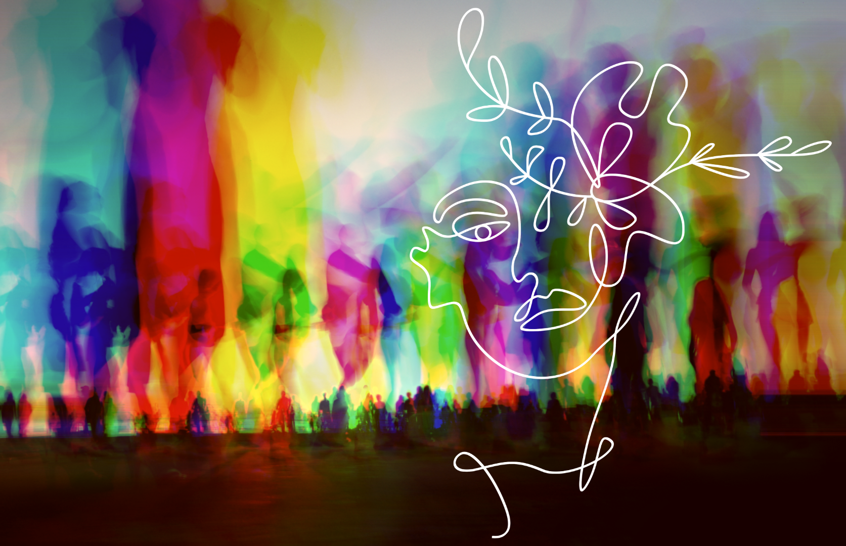 A colorful abstract painterly image of human silhouettes with a white line drawing of a face with natural elements