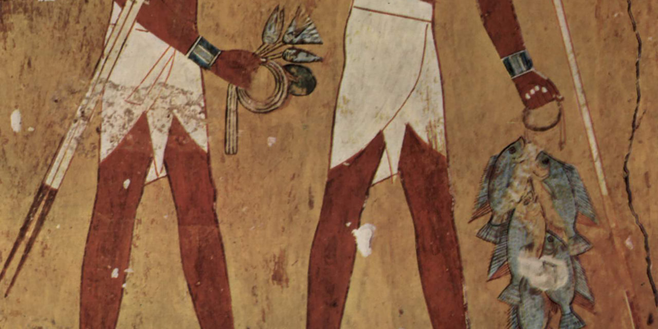 Ancient Egyptian men wearing shentis, which are similar to skirts