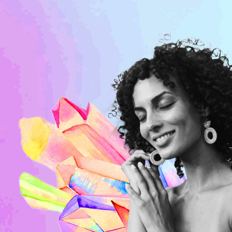 A woman with curly hair smiling set against a virtual backdrop of crystals and pink-blue gradient