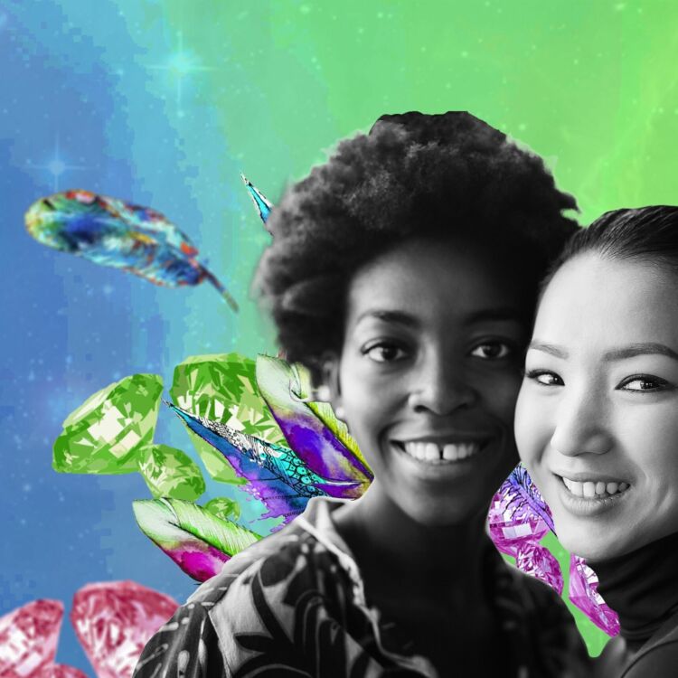 A black girl and an Asian girl smiling, set against a virtual background of plants, blue and green
