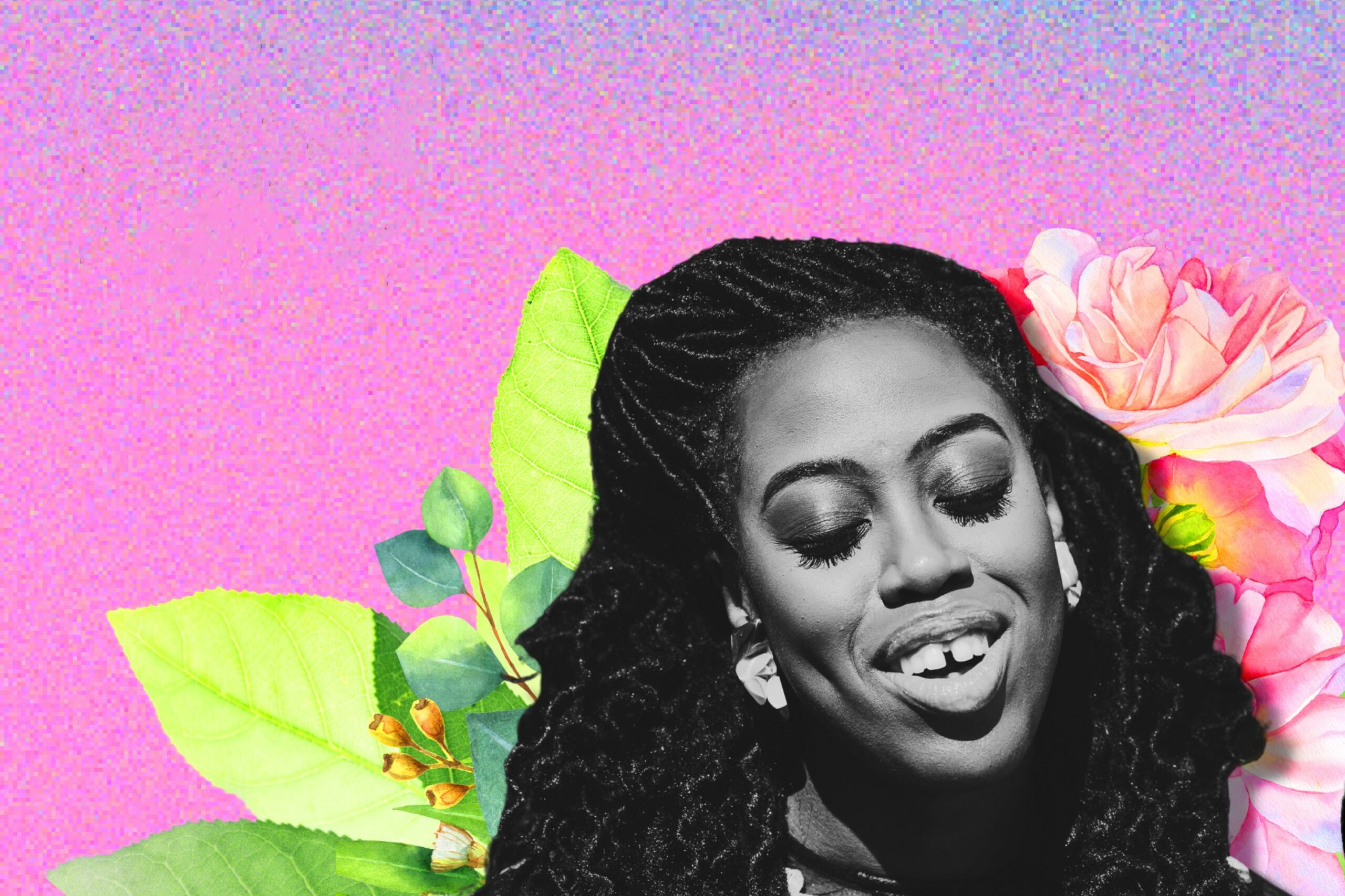 A black woman smiling with a gap in her front tooth set against a background of virtual flowers and pink