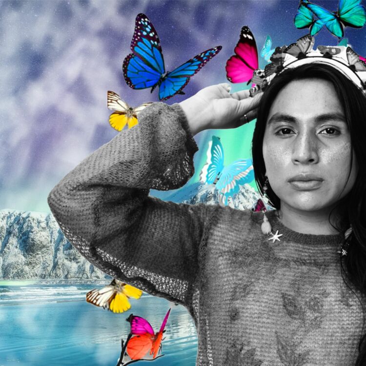 A gender fluid person weearing a butterfly crown set against a virtual background of butterlies and icecaps