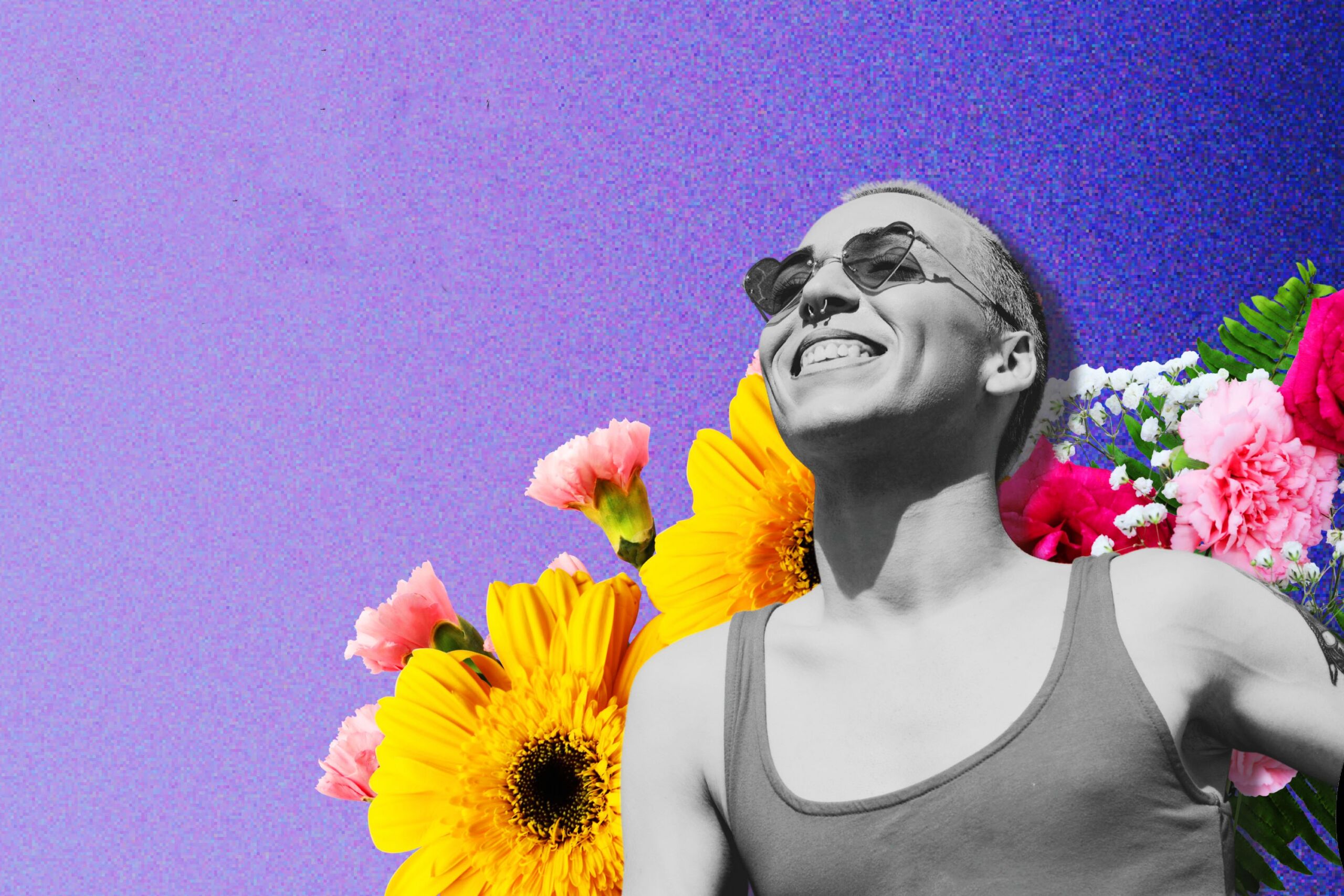 A girl with a tank top and sunglasses against a virtual background of flowers and violet