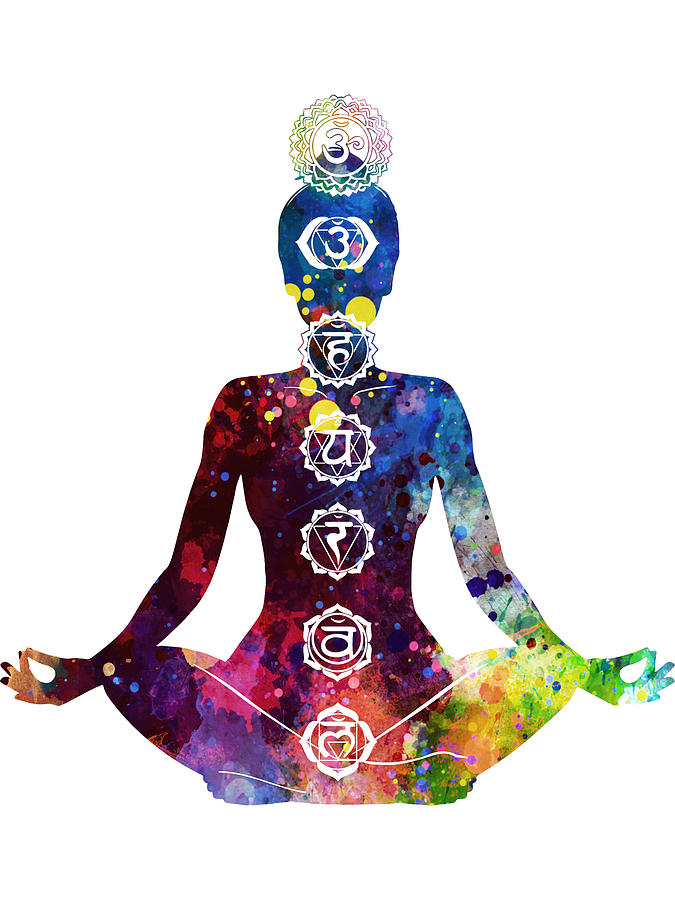 A painterly illustration of a person in lotus pose with the sanskrit chakras over the 7 energy centers