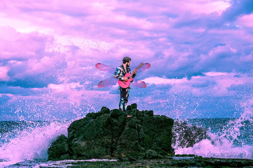 A man with wasp wings playing a pink acoustic guitar on a rock with crashing waves and ocean surrounding him with pink clouds in the sky